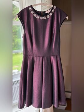Ted Baker Embellished Plum Shimmer Skater Dress US 8 Metallic Rhinestone Glam